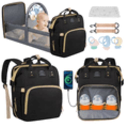 Diaper Bag Backpack, Multifunctional Baby Changing Bag with Foldable Crib &Insulated Milk Bottle Pockets, Large Capacity Portable Travel Backpack with USB Charging Port, Nappy Bag for Moms Dads,Black