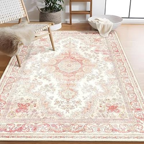 Pink Rug 3'x5',Washable Area Rugs for Bedroom Living Room Kitchen Entryway Bedside,Small Boho Vintage Bohemian Distressed Oriental Non Slip Carpet,Blush Floral