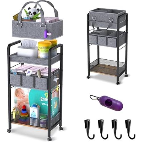 2IN1 Baby Diaper Caddy Organizer-3 Tier Rolling Storage Cart with Dividers - Bedside Diaper Caddy Cart for Baby Nursery Newborn Essentials-Mobile Utility Carts with Wheels for Changing Table