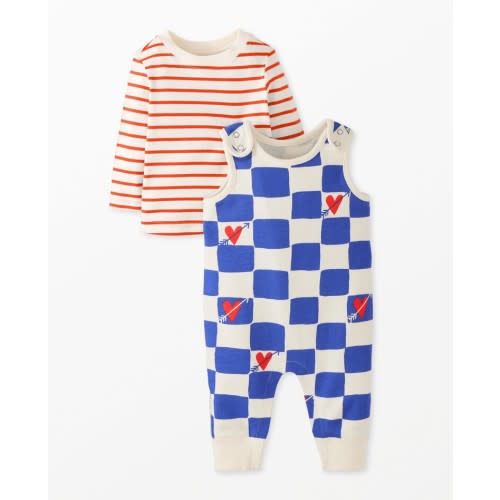 Baby French Terry Overalls & Long Sleeve T-Shirt Set (Hearts on Cheerful Checkerboard)