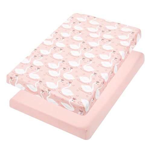 TILLYOU Mini Crib Fitted Sheets - Soft Knit Sheet for Pack N Play, Microfiber Mini Crib Sheets, Playpen Bedding Sheet for Baby 2 Pack, Machine Washable, 38'' x 24'', Swan Dance and Pink