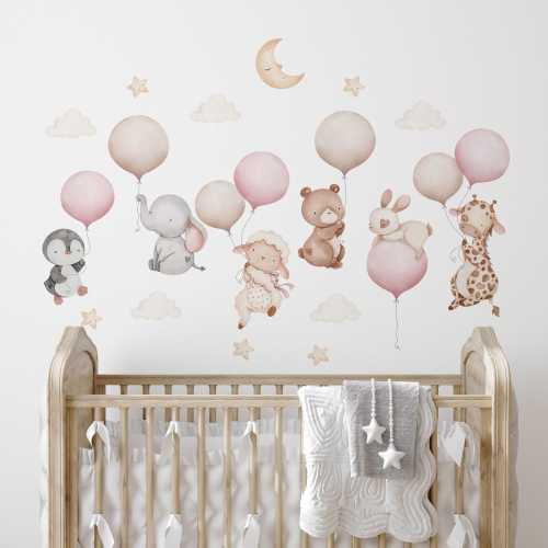 Pink Balloon Animal Wall Decals for Nursery, Removable Self-Adhesive Vinyl Stickers, Baby Room Decor with Elephant, Lamb, Bear, and Giraffe