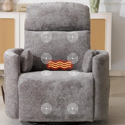 Oversized Swivel Rocker Recliner with Massage and Heat, Swivel Nursery Recliner With Adjustable Headrest, Manual Rocker Recliner Chair with Two Removable Pillows, Rocking Nursery Chair, Dark Grey
