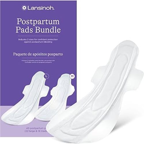 Lansinoh Postpartum Maxi Pads Bundle, 40 Count, Heavy Absorbency Overnight Pads with Wings, Includes 2 Sizes for Extra Protection, Postpartum Essentials