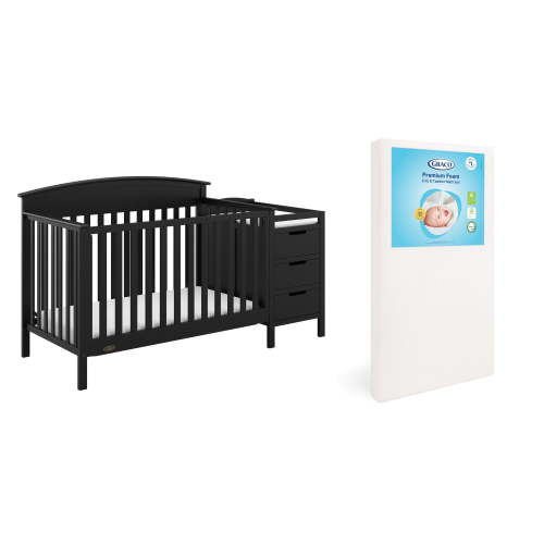 Graco Benton 4-in-1 Convertible Crib and Changer and Premium Crib & Toddler Mattress Bundle, Black
