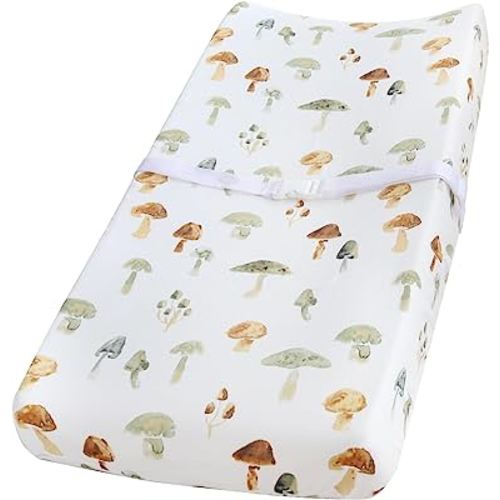 LifeTree Muslin Changing Pad Cover for Baby Girls Boys, 70% Viscose from Bamboo and 30% Cotton Natural Comfort Diaper Change Table Pad Covers, Soft Boho Changing Pad Sheets, Mushroom, 16"x32"