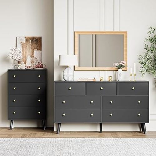 2 PCS Dresser Set for Bedroom Set - Include One Modern Dressers with 7 Drawers, One Kids Dresser with 4 Drawers, Black