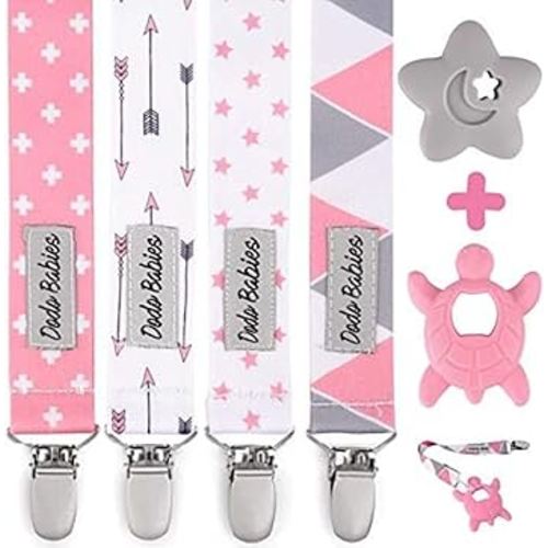 Dodo Babies Pacifier Clip & Teether Toy Set - Four Clips Plus Two Silicone Teether Toys - Universal Holder Fits Most Paci Brands - Fun Pink and Gray Prints for Girls or Boys