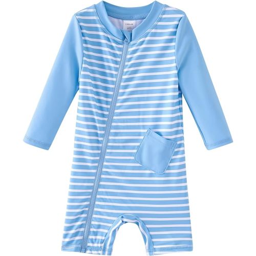 UMELOK Baby Boys' Swimsuit Full Zip UPF 50+ Sun Protection Swimwear - 0-3 Months - Sky Blue-stripe