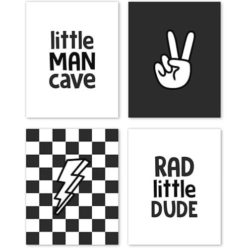 Hxlac Black and White Checkered Boy Room Wall Art Prints Set of 4 Unframed - Preppy Checkerboard Wall Decor, Teen Boys Toddler Nursery Wall Decor, Little Man Cave Peace Sign Wall Decor(8x10 Inches)