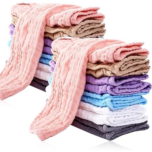 24 Pack Muslin Burp Cloths for Baby - Ultra-Soft 100% Cotton Baby Washcloths - Large 20'' by 10'' Super Absorbent Milk Spit Up Rags - Burpy Cloths for Unisex, Boy, Girl - Multicolor