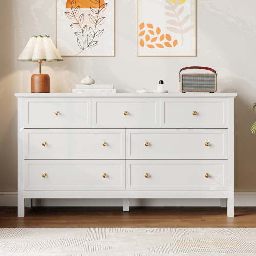 YouTrend, 7 Drawer Dresser, Retro Wood, White, Metal Handles