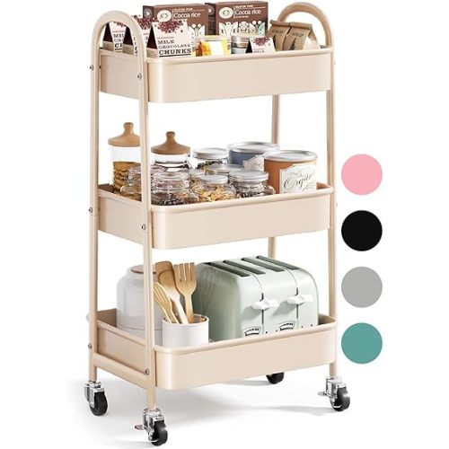 Khaki 3 Tier Rolling Cart Metal, Heavy Duty Utility Cart with Handle, Multi-Functional Storage Trolley for Office, Living Room, Kitchen, Movable Storage Organizer with Wheels, Easy Assembly