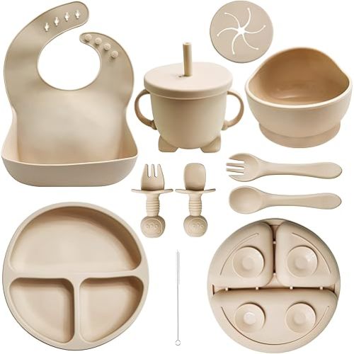 Baby Led Weaning Supplies | 10 Piece Silicone Feeding Set | Baby Toddler Bib Cup Divided Plate and Bowl Self Feeding Spoons Dish Set | Baby Utensils | Toddler Feeding Supplies (Beige)