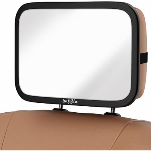 Leo and Ella - Baby Car Mirror - 10" Large Mirror w/Ultra Clear Infant View - Crash Tested Shatterproof Design w/ 360° Adjustable Mount, Premium Car Seat Mirror for Baby Rear Facing