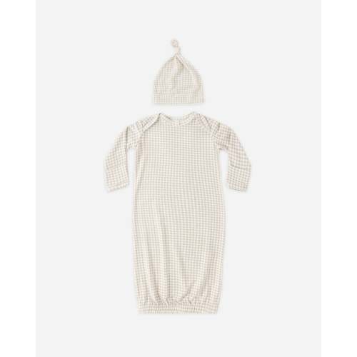 Bamboo Baby Gown + Hat Set Oat Gingham