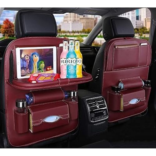 Car Back Seat Organizer with Foldable Table Tray, PU Leather Backseat Organizer for Kids Toddlers Travel, Car Kick Mats Seat Back Protector Storage Pocket with Touch Screen Tablet Holder