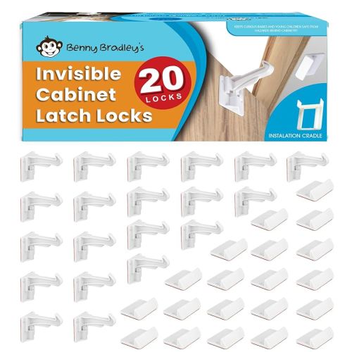 Benny Bradley's Invisible Baby Proofing Cabinet Latch Locks (20 Pack) - No Drilling or Tools Required for Installation, Works with Most Cabinets and Drawers, Works with Countertop Overhangs