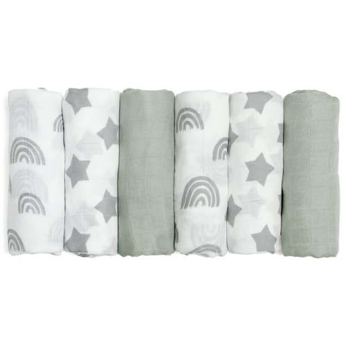 Gllquen Baby Muslin Organic Cotton Swaddle Blankets 6-Pack for Newborn Infant Boys Girls 27 x 27", Grey Star