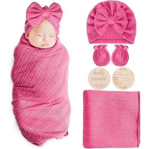 Newborn Receiving Blanket with Bow Hat Mittens Wooden Card Set Wheat-Pattern Newborns Toddler Baby Boy Girl Nursery Swaddle Wrap