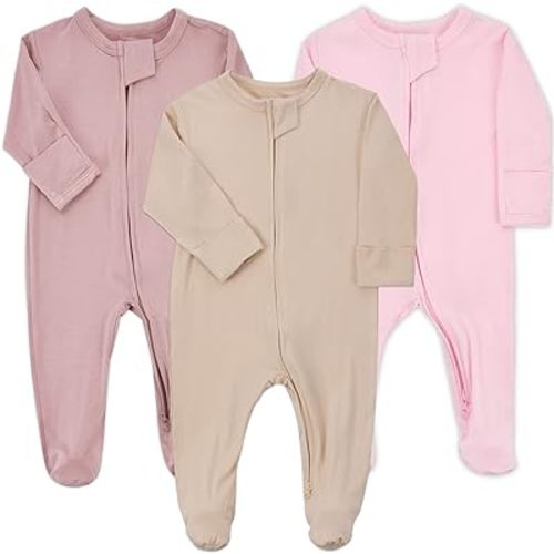 Aablexema Baby Zipper Pajamas Bamboo Rayon, 3pcs Unisex Infant Onesie with Mitten Long Sleeve Footed Pjs