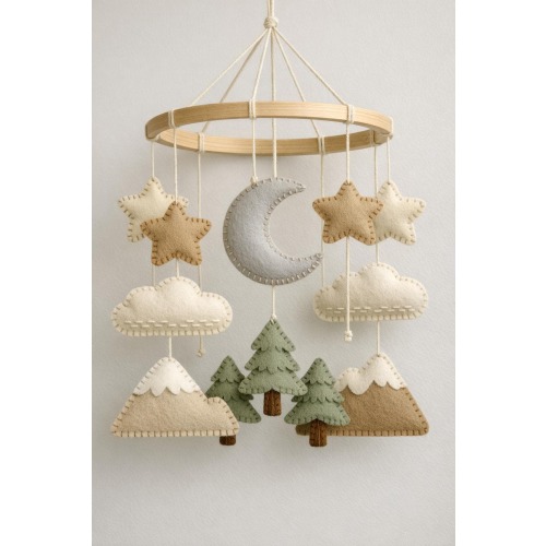 Handmade Neutral Mountains And Sky Themed Baby Mobile: Newborn Gift Moon
