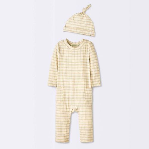Baby Jacquard Checkered Romper & Hat - Cloud Island™ Tan