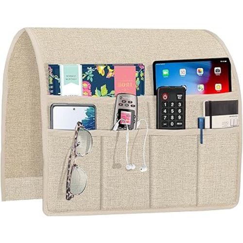 Joywell Beige Remote Control Holder Recliner Armchair Caddy Couch Caddy Sofa Armrest Organizer Linen Fabric Tan Taupe Sofa Arm Chair Caddie with 6 Pocket Storage for Magazine, Tablet, Phone, iPad