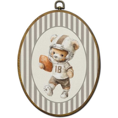 QZQE Football Bear Nursery Oval Wall Art Decor Framed, Sports Oval Canvas Prints, Bear Football Player Neutral Striped Animal Wall Hanging Decor for Kids Boy Toddler Room Playroom, 8.6x11.4 Inch