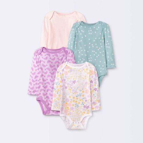 Baby Girls' 4pk 'in Bloom' Long Sleeve Bodysuit - Cloud Island™ Rose Pink Newborn