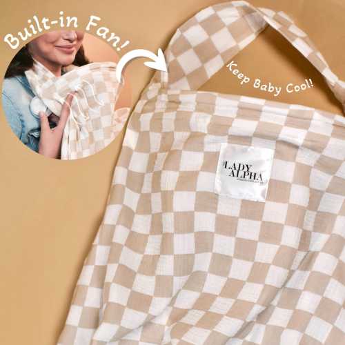 The Nursing Cool Cover | Built-in Fan | Keep Baby Cool While Breastfeeding | Checkered,Sage, Pink, Blue | 100% Muslin Cotton | Baby Registry