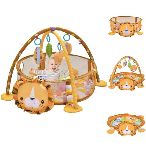 5-in-1 Play Mat,Play Gym Ball Pit with 30 Balls & 4 Toys, Promotes Sensory Exploration and Motor Skill Development Toys (Lion)