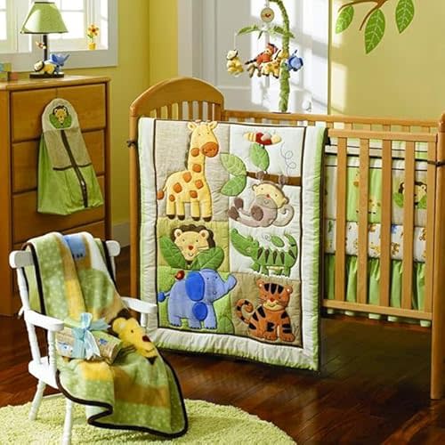 3 Piece Baby Crib Bedding Set for Boys - Newborn, Infant & Toddler Nursery Bed Set Decor with Fitted Crib Sheet, Dust Ruffle, and Comforter - Safari Friends