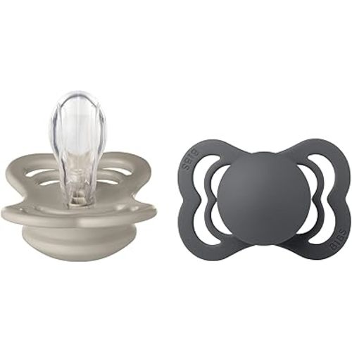 BIBS Supreme Baby Pacifier 2-Pack | Made in Denmark | BPA Free Dummy Soother, Symmetrical Nipple. Silicone, Size 1 (0-6 Months), Sand/Iron