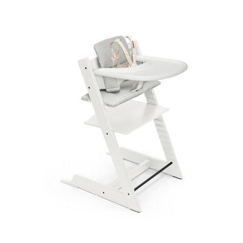 Stokke Tripp Trapp Wood High Chair with Tray: Color: White, Nordic Grey Cushion + Tray