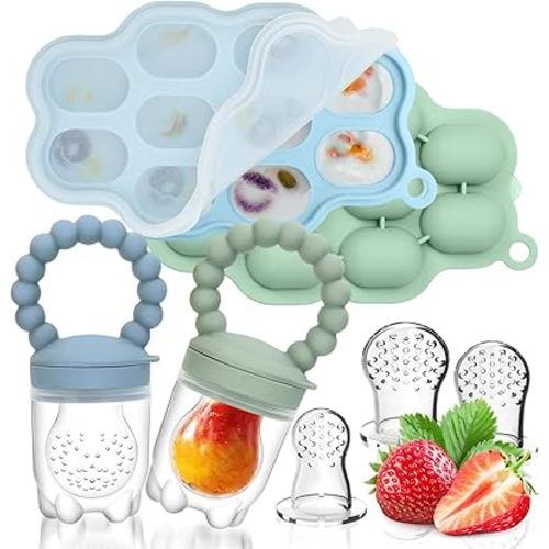 Silicone Baby Fruit Food Feeder, 2 Pack Freezer Tray with lid for Batch Prep,Introduce New Foods, Breastmilk Popsicle Molds, Silicone Teething Toys, Includes 6 Extra Food Pacifier