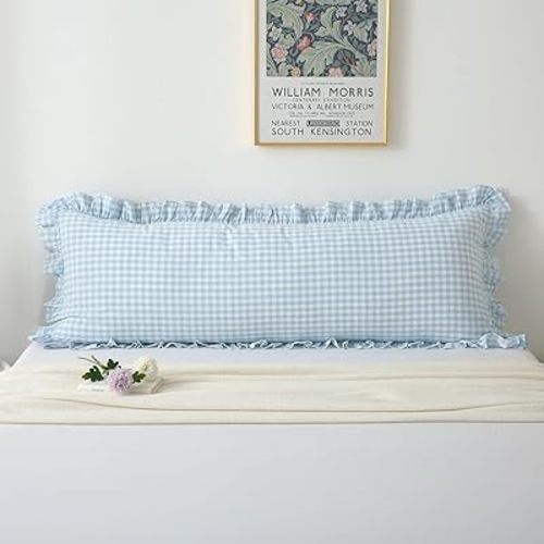 Light Blue White Plaid Ruffle Gingham Bedding Body Pillow Cover, 100% Cotton Checkered Vintage Farmhouse Decorative Bed Pillow Sham Envelope Closure - 20''x54''
