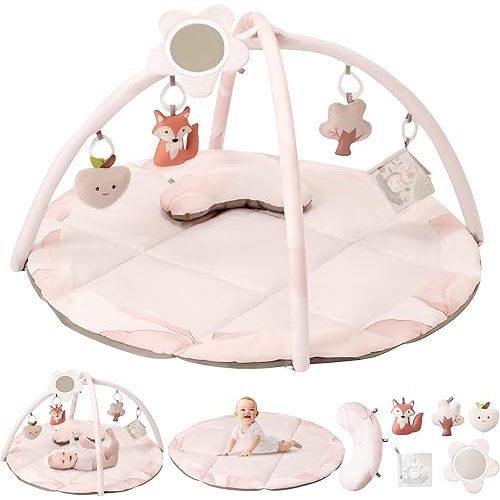 Fortella Baby Play Gym & Activity Mat, Tummy Time Mat w 5 Detachable Toys and Pillow, Large Sensory Playmat for Floor, Newborn Infant Baby Essentials Shower Gift 0-3-6-9-12 Months (Rose Pink)