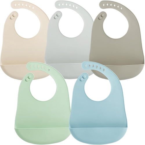 PandaEar Lot de 5 bavoirs imperméables en silicone pour bébé | Bavoir d'alimentation super fin et léger avec poche récupérateur de nourriture pour tout-petits (crème/gris/taupe/vert/bleu)