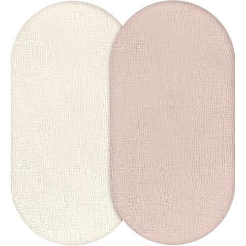 Muslin Bassinet Fitted Sheets, 2 Pack for Baby Boy and Girl, Soft Breathable Stretchy Baby Pad/Mattress Sheet Set, Universal Fit for Hourglass Oval and Rectangle Bassinet Mattress (Gentle Colors)