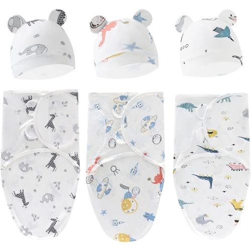 Exemaba Baby Swaddle Sleep Sack with Hat Set for 0-3 months 3-Pack Soft Cotton Newborn Wearable Swaddle Wrap for Girls Boys - Giraffe & Universe & Dinosaur
