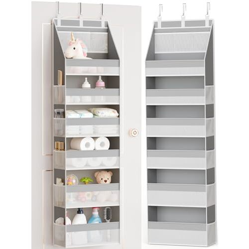 Criusia Over The Door Organizer, Heavy-Duty 6-Shelf Hanging Storage with 13 Mesh Pockets, 55lbs Capacity Behind The Door Storage for Nursery, Bathroom, Bedroom, and Dorm, Grey