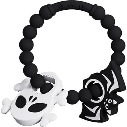 Halloween Baby Teething Ring Toys – Skull & Bat Silicone Teethers for Newborns, Infants & Toddlers – Sensory Chew Bracelet for Teething Relief – Perfect Baby’s First Halloween Basket Stuffers