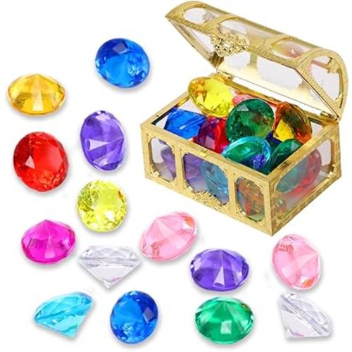 Diving gem Pool Toys Sand Toys,14 Color Diamond Treasure Chest Summer Swimming gems Pirate Diving Toy Set Underwater Swimming toyChildren's Game Gifts for Boys and Girls(Golden)