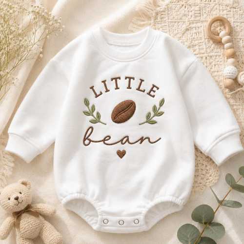 Little Bean Coffee Embroidered Baby Romper | Cute Botanical Baby Bodysuit, Coming Home Outfit