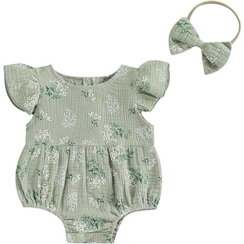 Kupretty Newborn Infant Baby Girl Summer Clothes Vintage Floral Romper Square Neck Short Sleeve Bodysuit Jumpsuit