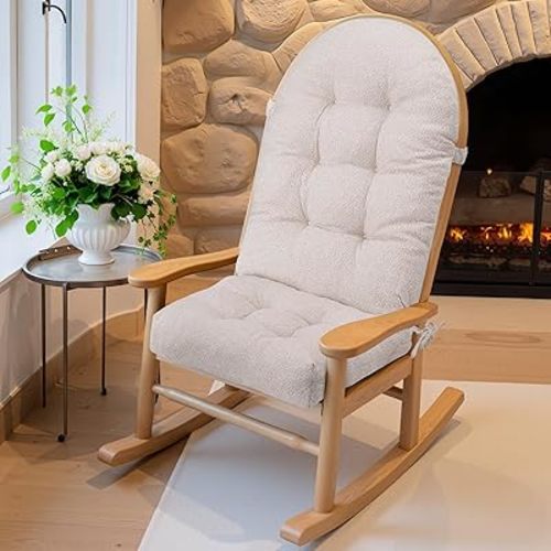 Rocking Chair Cushion - Lola Cotton-Linen Fabric, High-Density Sponge, Durable Comfort Non-Slip Bottom Tufted Seat Pads with Ties, Lola︱Ivory, 44x19x4 inch
