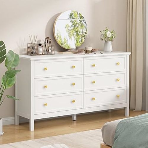 CARPETNAL White Dresser for Bedroom, 55 Inch 6 Drawer Dresser with Wide Drawer and Gold Handles, Woode Dressers & Chests of Drawers for Hallway, Entryway.