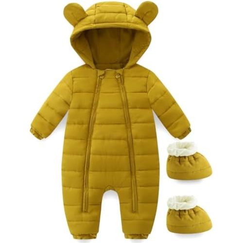 Baby Winter Snowsuit Cute Bear Ears Hooded Romper Toddler Double Zipper Warm Jumpsuit Windproof 0~24M