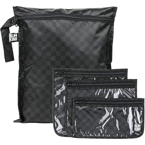 Bumkins Waterproof Wet Bag and Packing Pouches, TSA Airline Compliant, Pack for Baby, Travel, Swim Suit, Cloth Diapers, Pump Parts, Pool, Gym Clothes, Toiletry, Daycare, Zip Bag, 4-pc Set Black Check